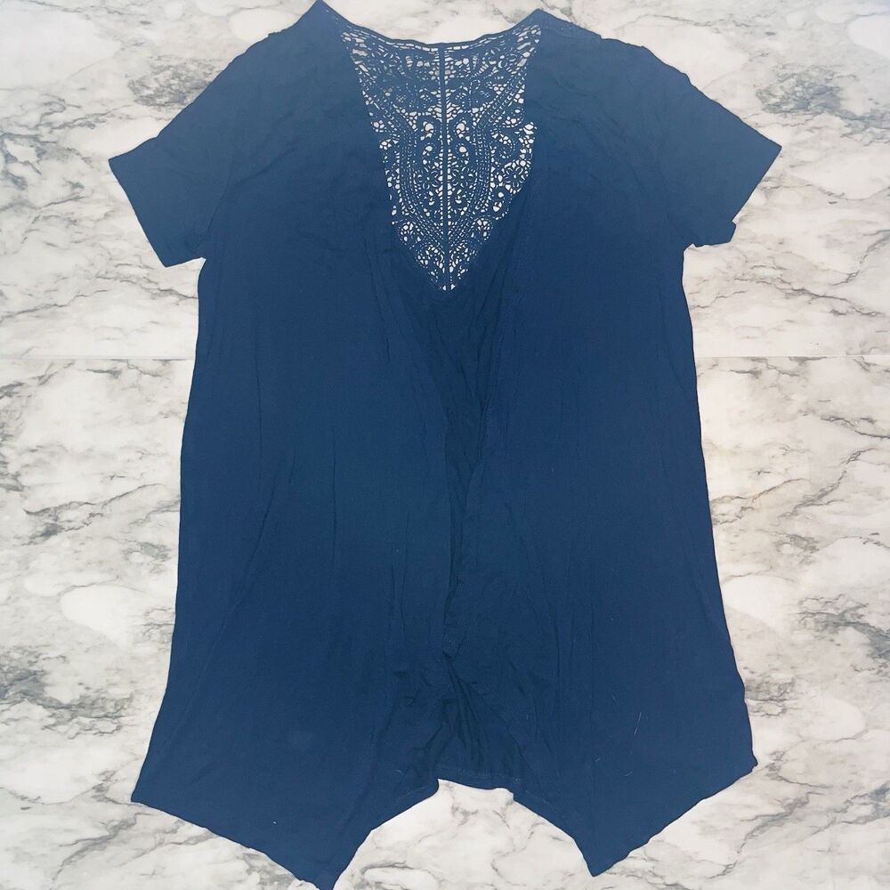 AB Studio Short Sleeve Cardigan Open Front Handkerchief Hem Navy Women S
